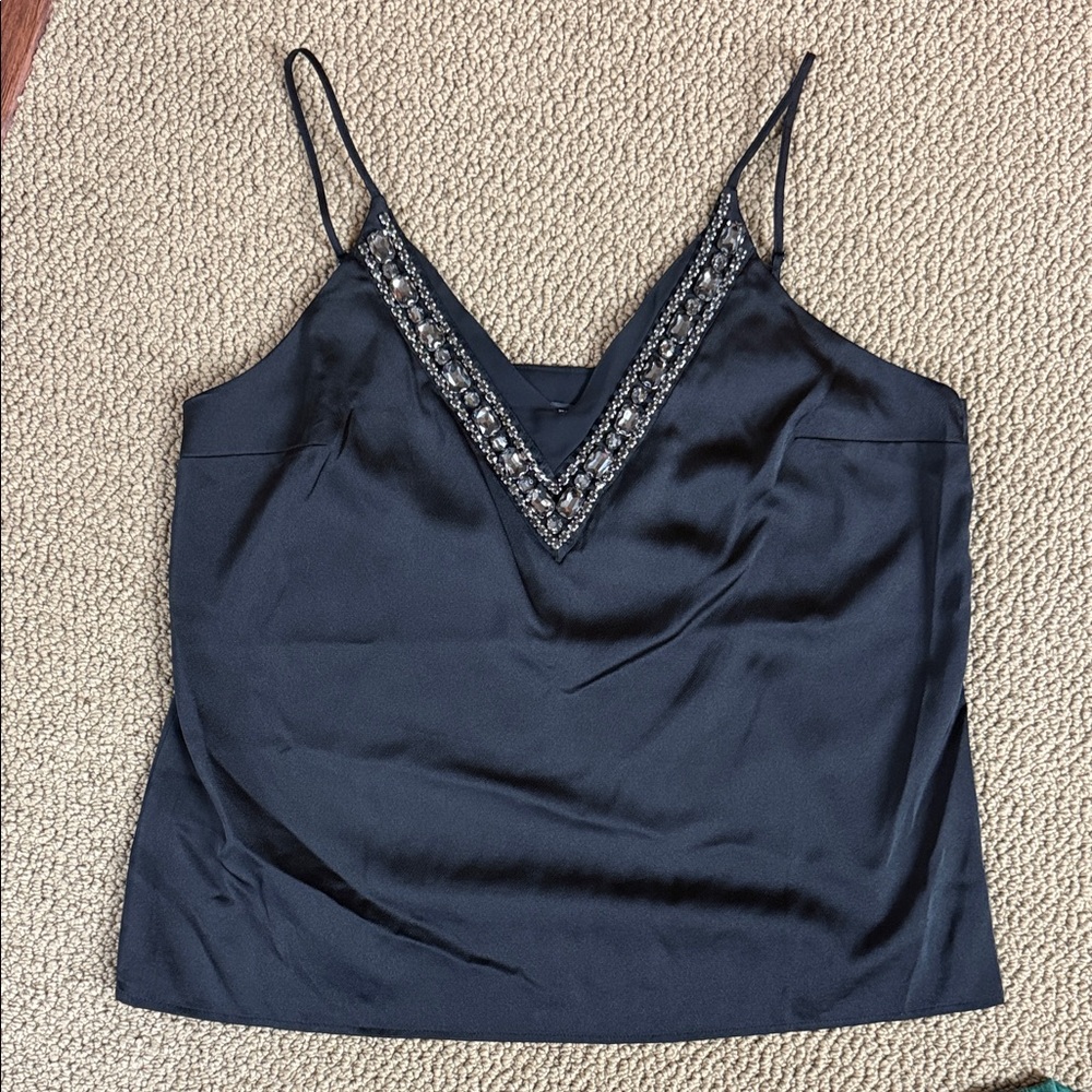 Express Black Satin Camisole with Embellished Neckline